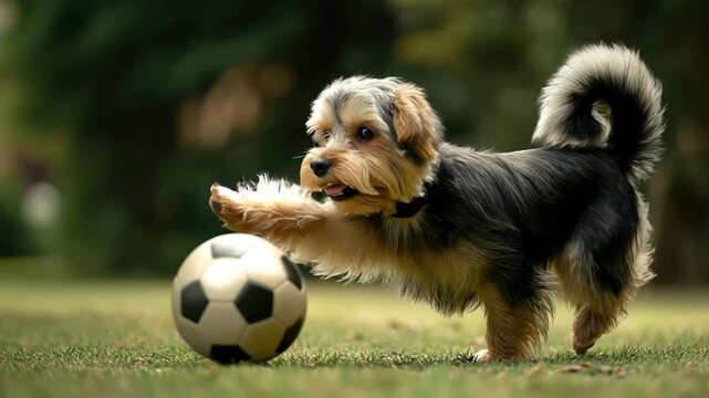 Playful dog chases soccer ball in a sunny park during the afternoon