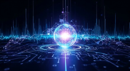Glowing sphere with network connections and circuit board patterns on a dark blue background design