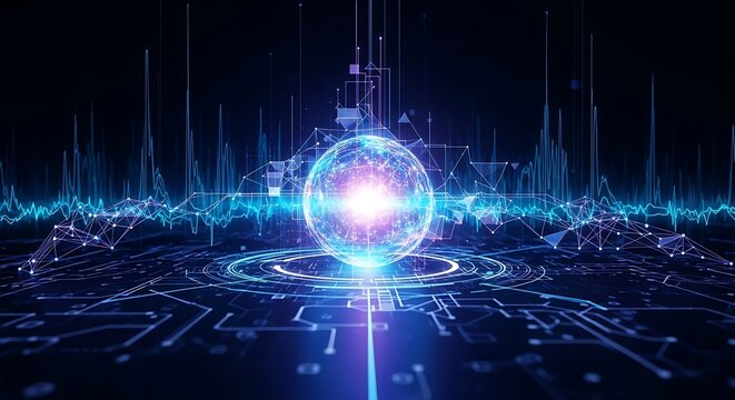 Glowing sphere with network connections and circuit board patterns on a dark blue background design