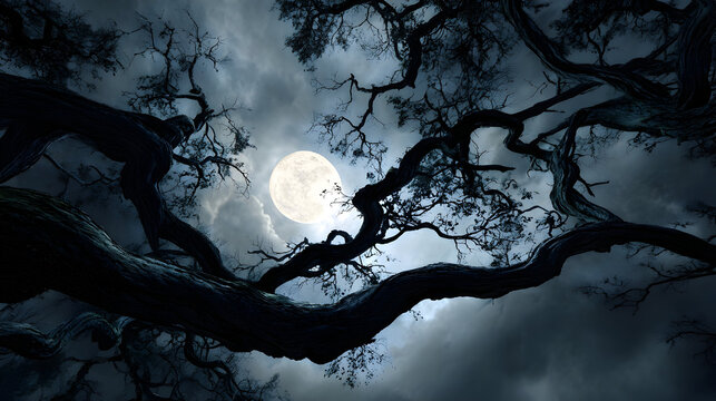 Enchanting gothic night with twisted gnarled tree branches and full moon - Powered by Adobe