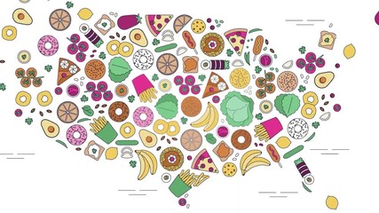 Diverse food ingredients map, nutrition across the USA, healthy eating, culinary diversity, food map animation, regional cuisine