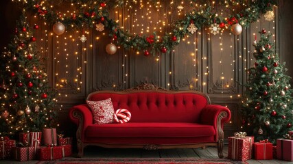 Christmas photo booth decorated with garlands and fairy lights, featuring a red sofa, Christmas tree, gift boxes, candy canes, and wreaths against a red wall, creating a cozy festive atmosphere - Powered by Adobe