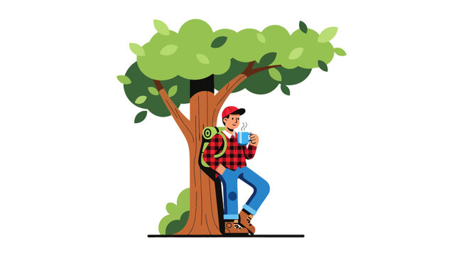 Restful Hiker Under The Tree Enjoying Coffee: Adventure, Nature, And Relaxation