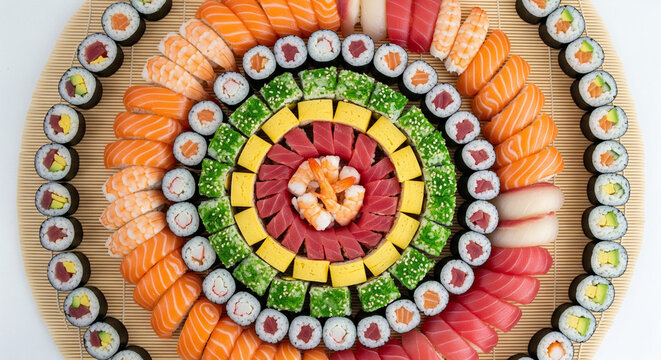 Overhead japanese sushi food. Maki ands rolls with tuna, salmon, shrimp, crab and avocado. Top view of assorted sushi, all you can eat menu. Rainbow sushi roll, uramaki, hosomaki and nigiri - Powered by Adobe