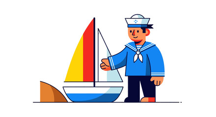 Sailor Approaching Sailing Vessel, On A Black Background, With Nautical Theme Illustration