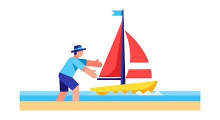 Sailor Launching A Small Boat Into The Ocean With A Colorfull Design