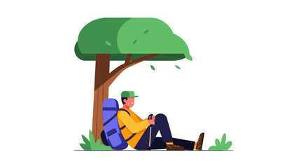 Fototapeta premium Resting Hiker Under Tree Enjoying Nature and Peaceful Moment to Recharge Outdoors