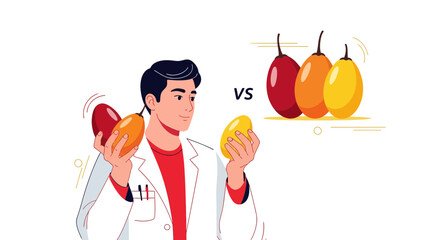 Scientist Comparing Varieties of Tamarillo Fruits, Different Colors and Comparisons