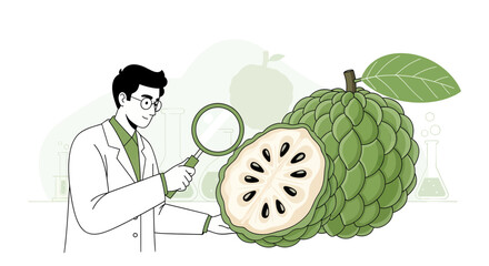 Scientist Analyzing Custard Apple With Magnifying Glass Illustration On White Background
