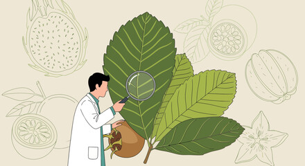 Scientist Examines Plant Life and Fruits with Magnifying Glass in Detailed Illustration