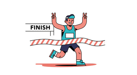 Runner Crossing Finish Line Celebrating Victory With Peace Signs and Stripped Ribbon