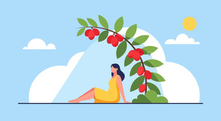 Serene Moment of Relaxation Under a Branch of Berries, Peaceful Contemplation