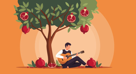 Serene Man Under Pomegranate Tree Playing Guitar: Musical Harmony and Nature's Embrace