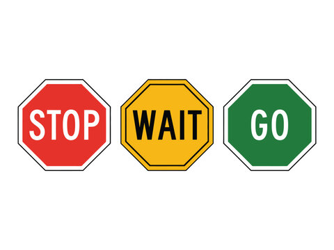 Three octagonal traffic signs with the words STOP, WAIT, and GO are displayed in a row against a white background, representing traffic control and decision-making processes.