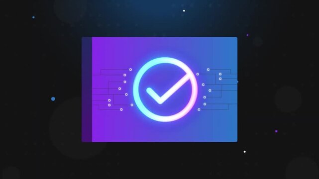 Digital checkmark security, verification animation, neon success icon, approved symbol, verification assessment