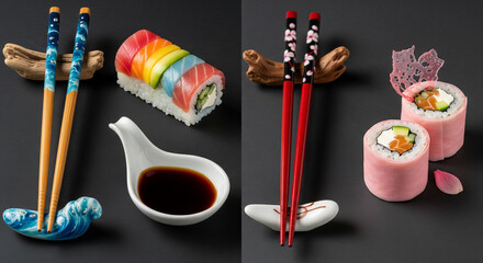 Chopstick with sushi roll and soy sauce