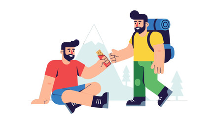 Sharing Snacks on a Mountain Trail: A Vibrant Hike Story Illustrated in Vector Form