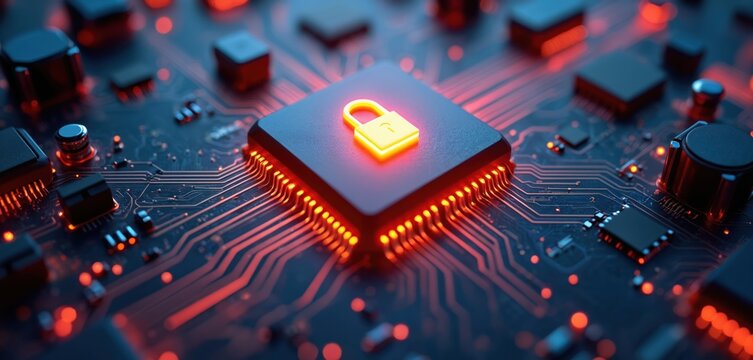 Central microchip with glowing yellow padlock on dark circuit board. Electronic components surround secure processor. Illuminated red connections, wires visible on motherboard. Data protection