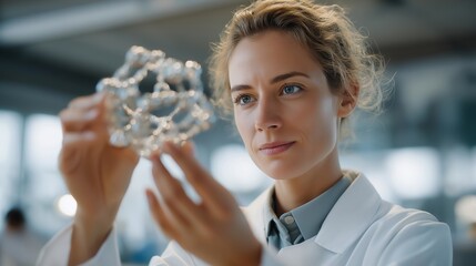 Lab technician reviewing 3D AI-generated model of crystal lattice structure, emotion of discovery visible, symbolizing data-driven materials engineering, molecular simulation, and artificial