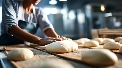 Female baker's flour dusted hands shaping bread dough on industrial production conveyor line rows of formed loaves visible commercial bakery equipment and workers defocused throu