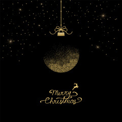Greeting card with christmas ball made from golden glitter on black background.New year them. Vector illustration