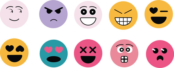 Collection of ten different cartoon emoji faces