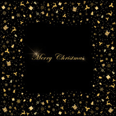 Greeting card with small christmas figurines. Christmas  deer, gifts, snowflakes, christmas tree on black background. Vector illustration. Gold pattern
