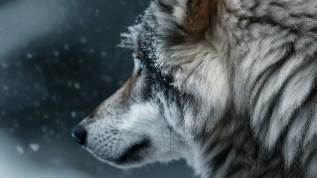 Snow-covered wolf with striking blue eyes in a winter landscape