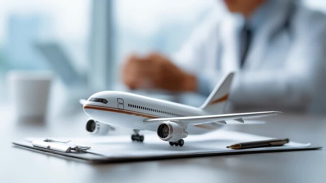 Model airplane on a desk next to a cup of coffee and man working on a laptop during a business meeting in a well-lit office