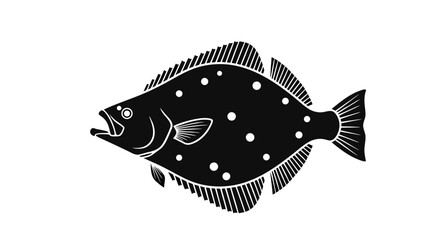 Halibut illustration: A detailed black and white illustration of a halibut showcases the distinctive features of this bottom-dwelling flatfish, ideal for educational or artistic projects.