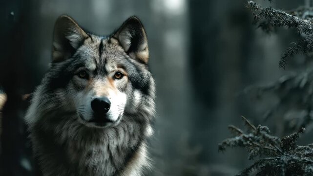 Majestic wolf standing in a misty forest during a quiet dawn, surrounded by tall trees and soft light enhancing its fur