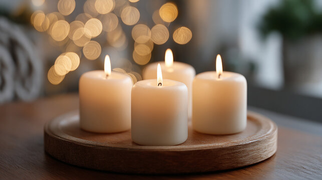 Advent calendar. Burning candles with Christmas decorations. Lighting candles.