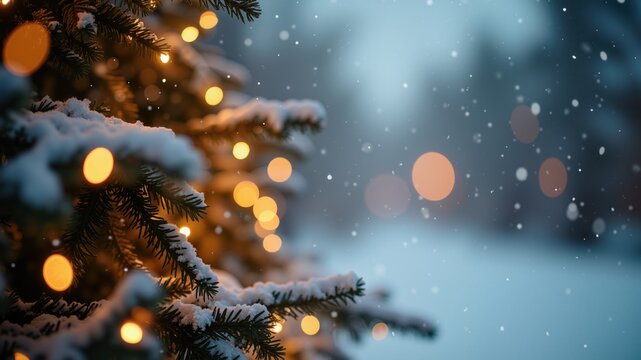 Blurred bokeh christmas tree with snowfall background for your text or advertising.
