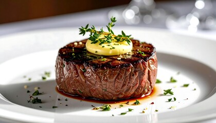 Seared tenderloin steak with butter and sprigs of herbs on white plate, restaurant setting