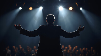 Motivational speaker on stage with lights giving speech to audience at business conference event