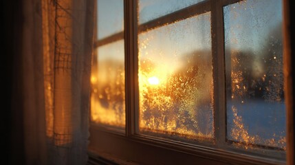 Fototapeta premium Golden sunrise streams through frosty window panes illuminating delicate ice crystals and sheer curtains with a magical glow