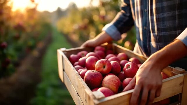 Hardworking hands lifting wooden crate overflowing with freshly harvested bright red apples individual fruit clearly visible ordered orchard rows with apple laden trees