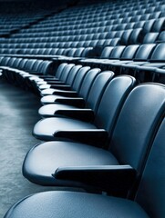 Fototapeta premium Empty blue seats arranged in a neat row for an event at a large venue