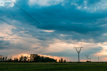A field with a few trees and a few power lines