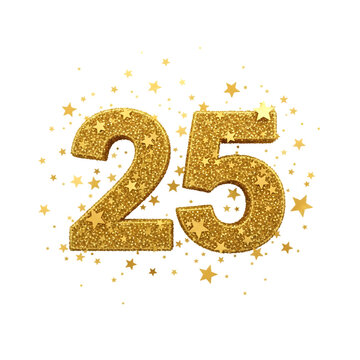 Golden glitter number 25 with confetti isolated on transparent background