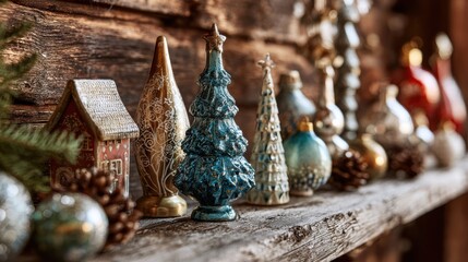 Charming Christmas decorations create a cozy, nostalgic holiday atmosphere, showcasing handcrafted artistry and festive cheer on rustic wood, perfect for holiday ads