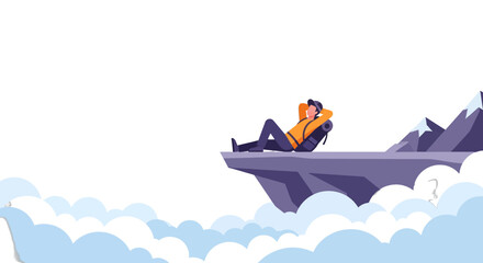 Relaxing Hiker on Cliff Edge Above Clouds with Mountains and Scenic Sky