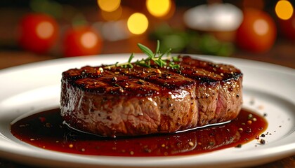 Seared, thick cut steak glistening in sauce, served on white plate with bokeh background