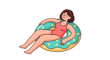 Relaxed Woman Floats On Donut In Summer, Peaceful State, Vacation Happiness