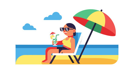 Relaxed Woman Enjoying Tropical Drink On Sun Lounger Under A Bright Beach Umbrella