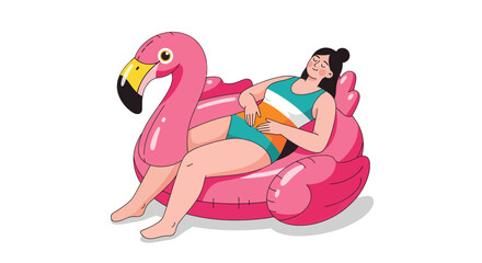 Relaxed Woman Floats On Inflatable Flamingo In Summer Holiday Illustration