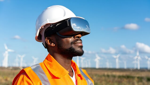 Innovative Engineer Wearing VR Headset Visualizing Future of Renewable Energy Project