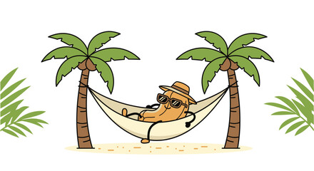 Relaxing Cashew Nut Cartoon Character Lounging in Hammock at Tropical Escape Paradise