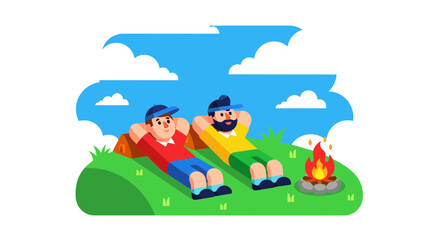 Relaxing Campfire Scene Depicting Two Friends Enjoying Nature and Peaceful Moments