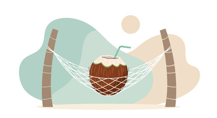 Relaxing Coconut Drink in a Hammock Represents Leisure and Tropical Vacation
